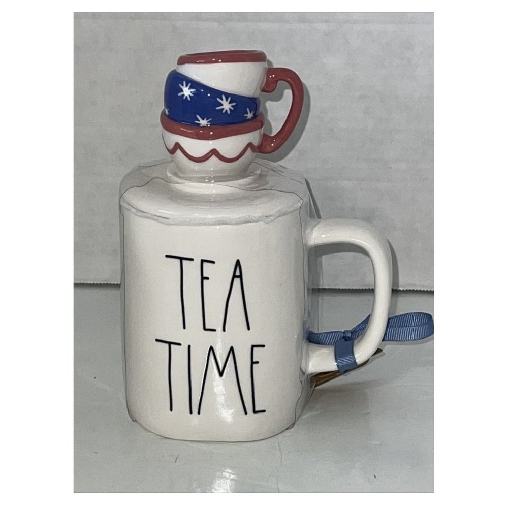 Rae Dunn Tea Time Mug with Stacked Teacup Topper Patriotic Red White Blue NEW